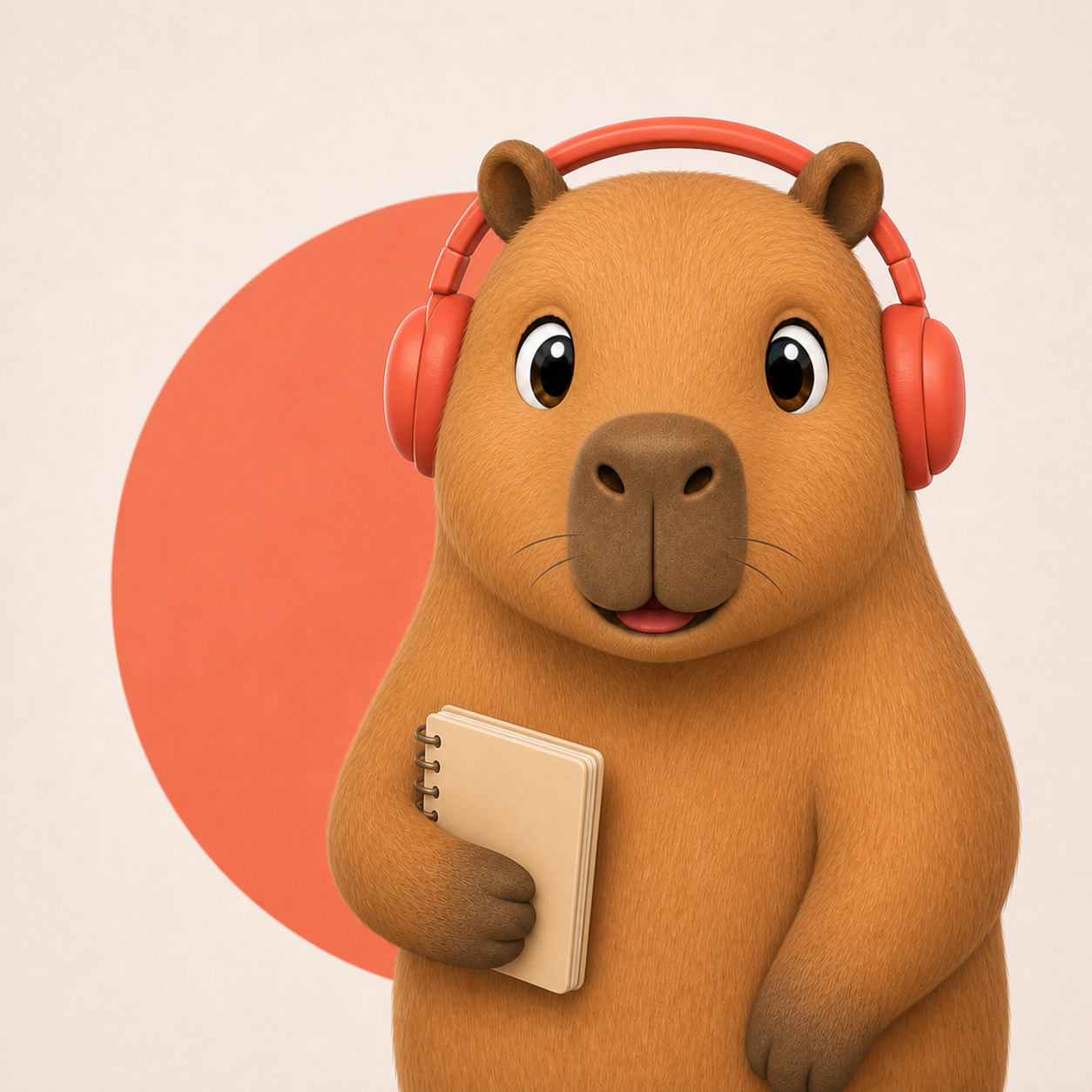 Capy wearing coral headphones and holding a notebook
